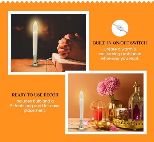 Creative Hobbies® Electric Window Candle Lamp with Brass Plated Base, On/Off Switch, Light Bulb, Ready to Use! (LED)