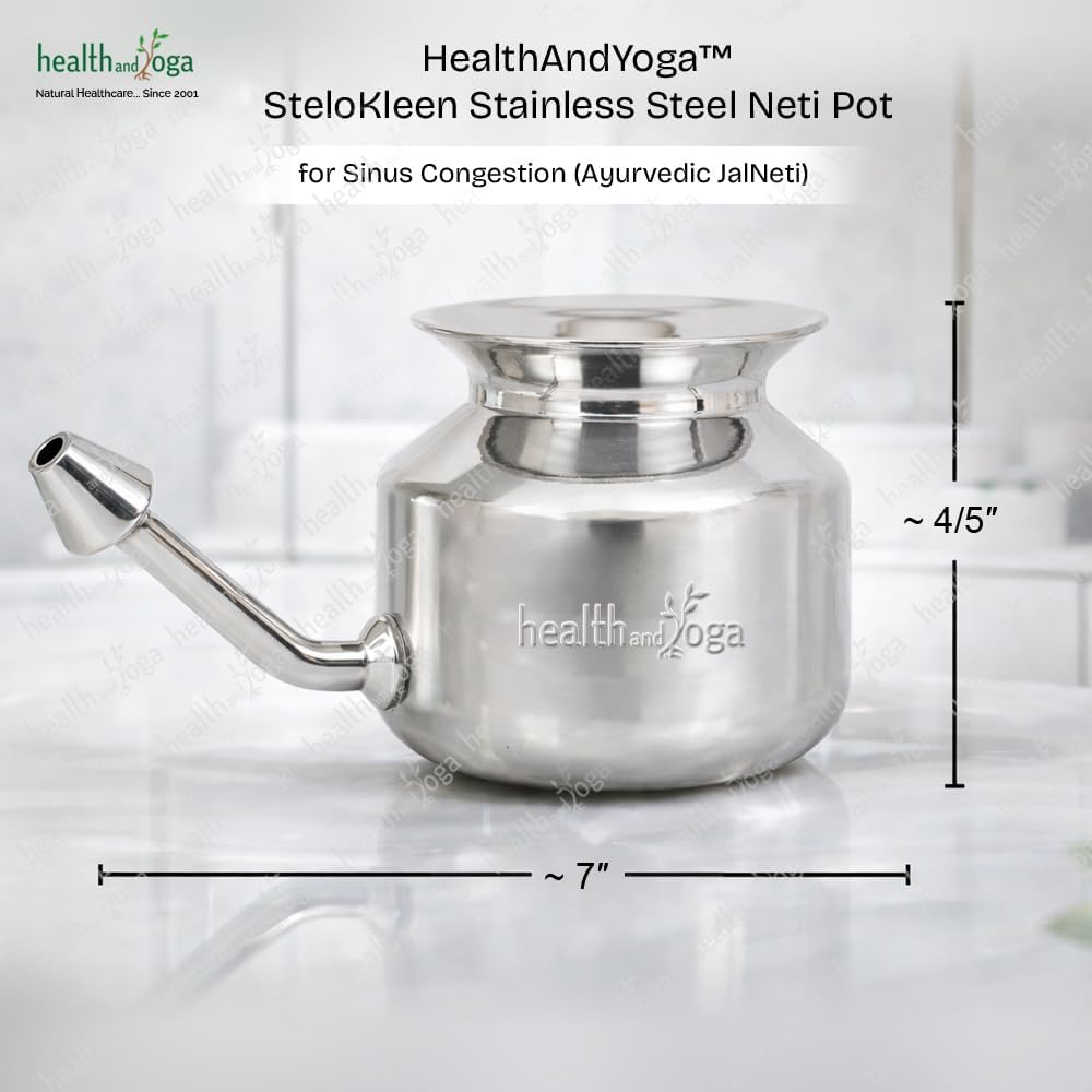 HealthAndYoga(TM) Stainless Steel Neti Pot for Sinus Congestion (Ayurvedic JalNeti)