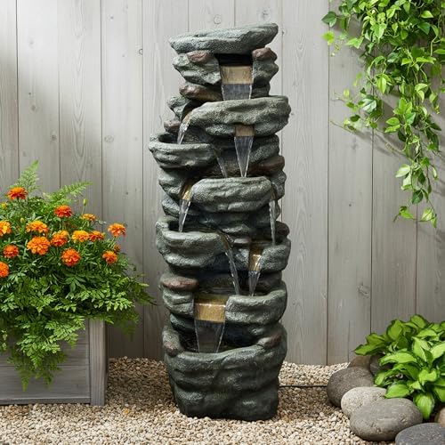 SunJet 40.5” High Rocks Outdoor Water Fountain - 6-Tiers Cascading Waterfall with LED Lights, Soothing Tranquility for Home Garden, Yard Decor