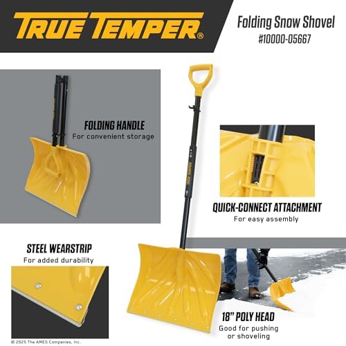 True Temper 18" Poly Folding Snow Shovel, Convenient Storage, Collapsible, Compact for Cars or Camping