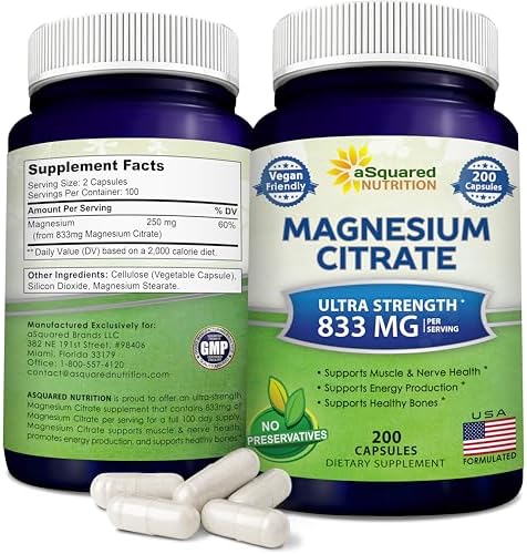 aSquared Nutrition Magnesium Citrate 833mg Supplement - 200 Capsules - Max Strength Vegan Mag Citrate Powder Pills to Support Pure Function of Muscles