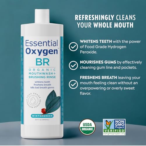 Essential Oxygen Certified BR Organic Brushing Rinse, All Natural Mouthwash for Whiter Teeth, Fresher Breath, and Happier Gums, Alcohol-Free Oral Care, Peppermint, 16 Ounce, Package may vary