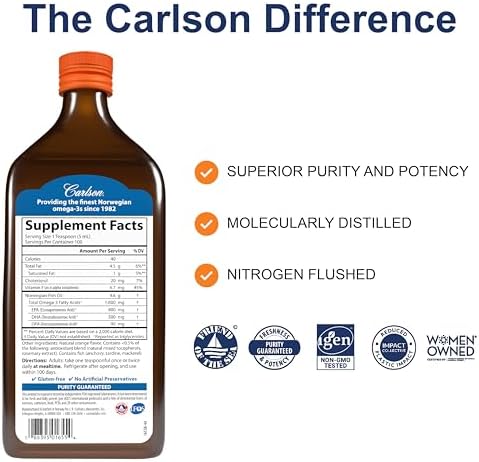 Carlson The Very Finest Fish Oil, 1600 mg, Omega-3s, 200 mL (6.7 Fl Oz) | Lemon; Liquid Fish Oil Supplement; Norwegian Fish Oil; Wild Caught; Sustainably Sourced Fish Oil Liquid