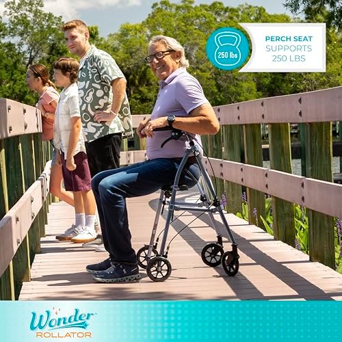Stander Space Saver Rollator, Lightweight Folding Rolling Walker with Seat for Seniors & Adults, 4-Wheel Mobility Aid with 6-inch Wheels