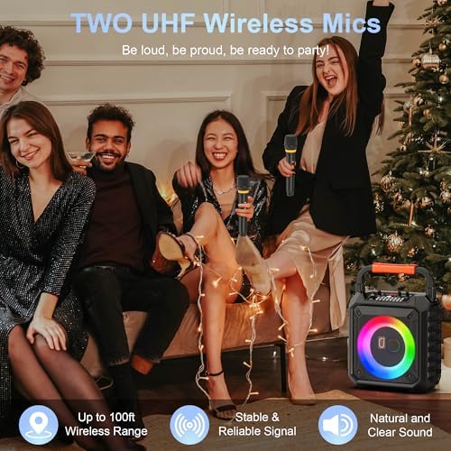 JYX Karaoke Machine for Adults & Kids with 2 Wireless Microphones, Portable Bluetooth Speaker with LED Lights, Supports USB/TF Card/AUX for Party