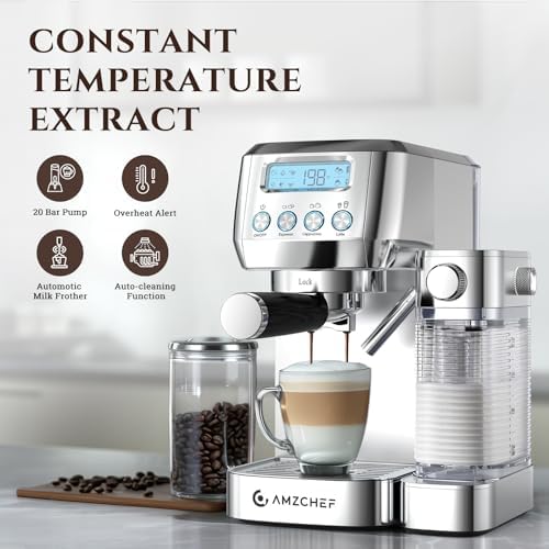 AMZCHEF Espresso Machine, Auto Milk Frother, 20 Bar Pressure | Home Coffee Maker with 61oz Removable Tank & LCD Display, One-Touch Latte for Beginners