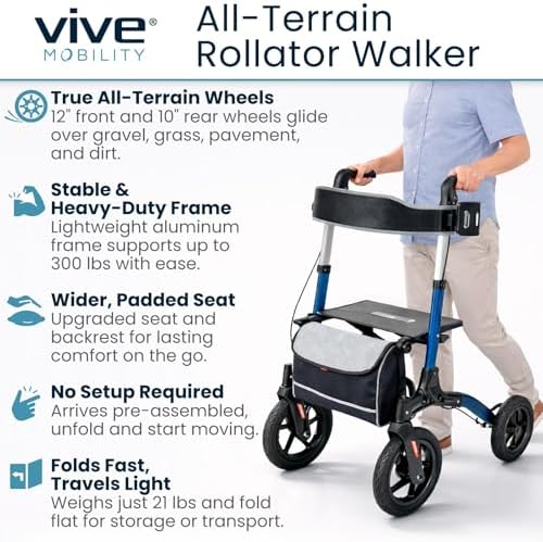 Vive All-Terrain Rollator Walker with 12” Pneumatic Wheels - Padded Seat | Backrest