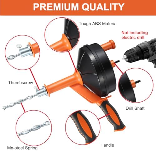 Drain Auger, 25 Feet Plumbing Snake Drain Clog Remover Tool 4-in-1 Set | Included Drain Clog Remover, Hair Clog Remover, Cleaning Brush, for Kitchen