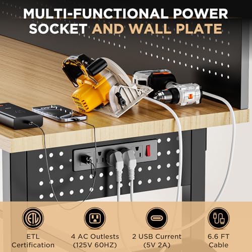 60 Inch Heavy Duty Workbench with Storage Cabinet, Wooden Top, 2000 lbs Capacity, Garage Work Table with Pegboard, Power Outlet, Leveling Feet, Black