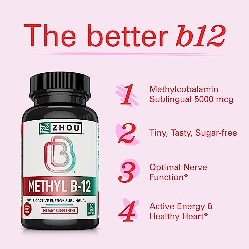 Zhou Methyl B12 - Vitamin B12 5000 mcg, Vegan Friendly - 60 Micro Lozenges | Methyl B-12 Supplement for Women & Men