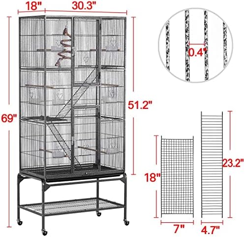 Yaheetech 69" Large Bird Cage for Parakeets, Budgies, 3-Tier Flight Cage | Detachable Rolling Stand, Easy Cleaning Slide-out Tray, Multi-door Access, 0.4'' Bar Spacing, Free Accessories