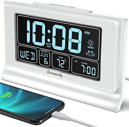 DreamSky Alarm Clocks for Bedrooms with Battery Backup, Auto Set | Digital Clock with Date & Day of Week, 5 Inch Large Display, Weekday, Temperature, USB Port, Auto DST, Brightness Dimmer