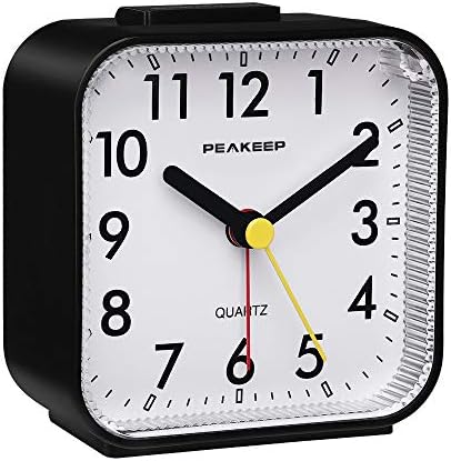 Peakeep Small Battery Operated Analog Travel Alarm Clock Silent | No Ticking, Lighted on Demand and Snooze, Beep Sounds, Gentle Wake, Ascending Alarm, Easy Set (Black)