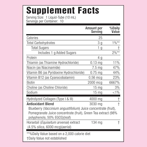 Applied Nutrition Liquid Collagen Skin Revitalization - 10 Liquid Tubes - Collagen, Biotin & Silica - Tropical Strawberry & Kiwi Flavor - 10 Servings