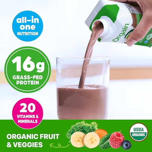 ORGAIN Organic Creamy Chocolate Fudge Shake 12 Pack, 11 FZ | Ready to drink grass-fed dairy protein, meal replacement, 20 vitamins & minerals, fruits & vegetables, non-GMO, gluten-free