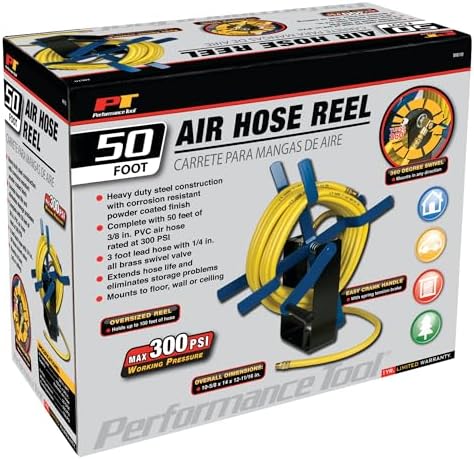 Performance Tool M635 50 ft. 18-Gauge Steel Air Hose Reel | Durable powder coated finish. Holds up to 50-ft of 3/8-in compressor hose (not included). 3/8-in female NPT swivel. Reel only