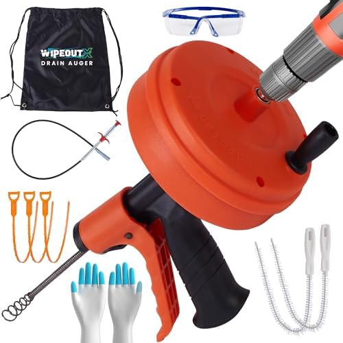 Drain Auger 50 Ft with Drill Attachment, Drain Snake Clog Remover Kit | Includes Gloves, Glasses, Brushes