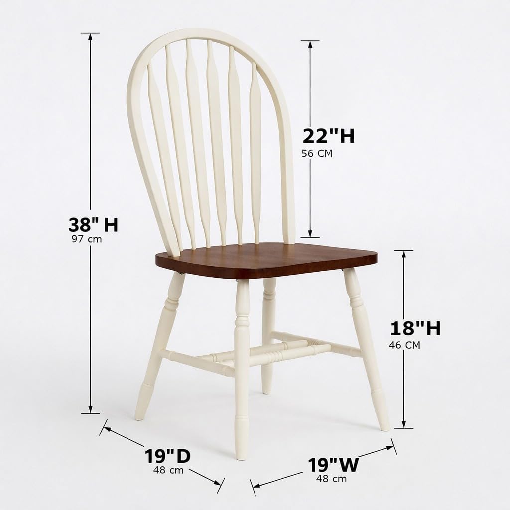 Sunset Trading Andrews Windsor Arrowback Dining Side Chair | Two Tone Antique White Chestnut Brown Solid Wood | Set of 2 Fully Assembled Sidechairs