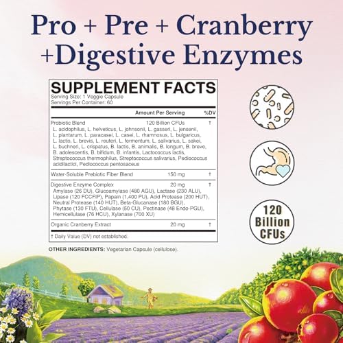 Vitalitown Probiotics for Women 120 Billion CFUs, 30 Strains, with Prebiotics & Digestive Enzymes & Cranberry, Gut & Vaginal Health