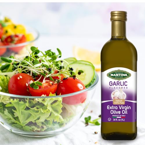 Mantova Garlic Extra Virgin Olive Oil (EVOO) - Cold-Pressed, Premium Quality, Imported from Italy - Perfect for Topping Salads, Vegetables, Pasta Salad, Dipping Italian Bread, or Pan-Frying (Pack of 1)