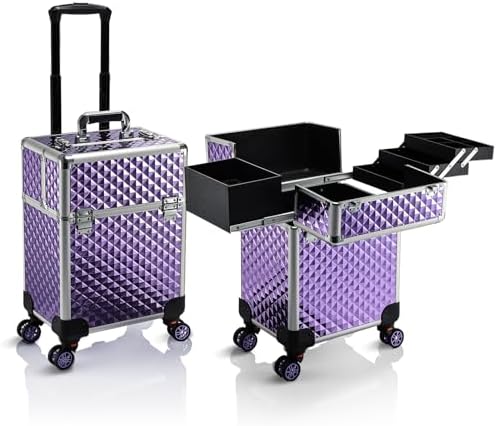 Stagiant Rolling Makeup Train Case Large Storage Cosmetic Trolley 4 Tray with Sliding Rail Removable Middle Layer with Key Swivel Wheels Salon