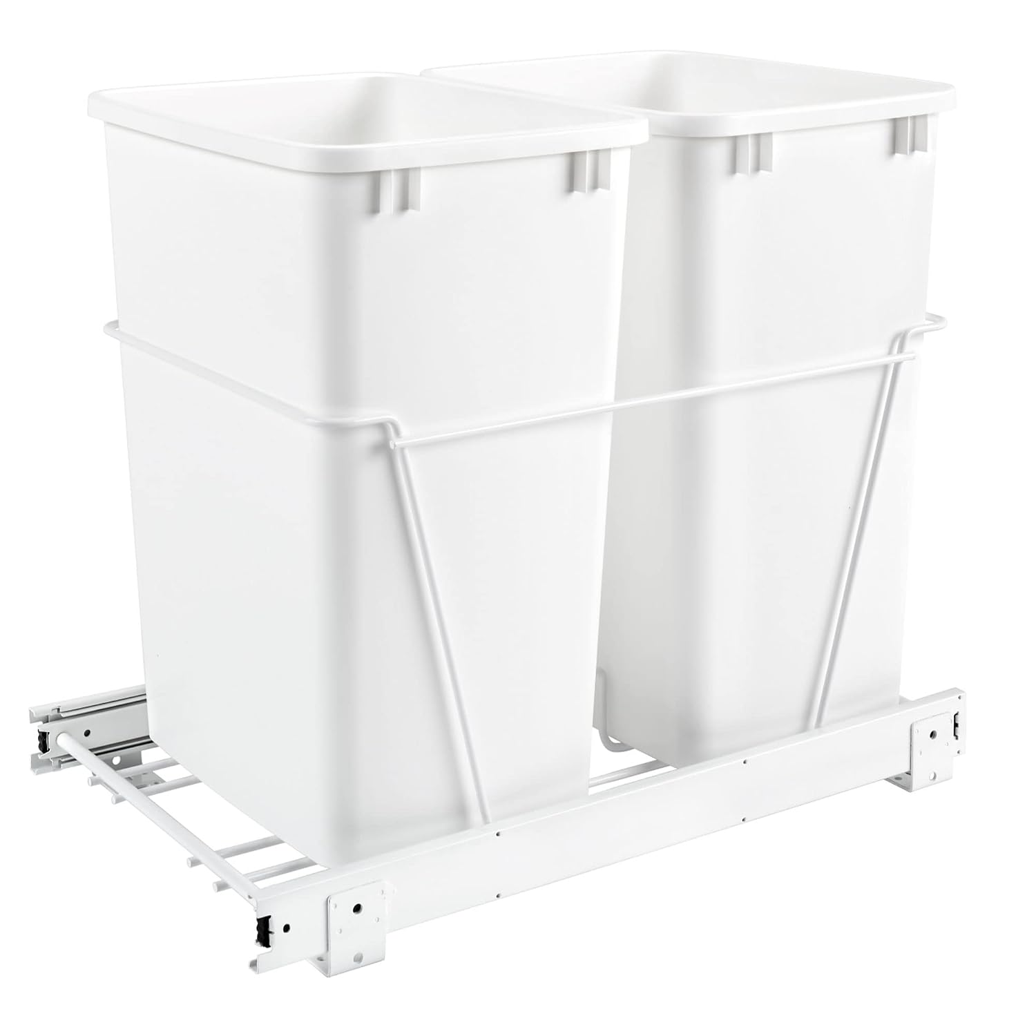 Rev-A-Shelf Double 35 Qt Pullout Trash Can for Base Kitchen Cabinets, Garbage Waste Bin System with Full-Extension Slides, Min Opening Width of 14.75" White, RV-18PB-2 S