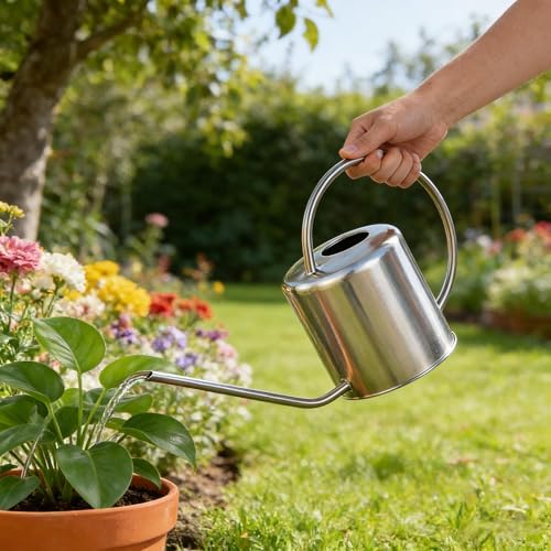 Fasmov 51 Oz Stainless Steel Watering Can Modern Style Watering Pot, Watering Can with Long Spout for Easy Pour, Water Outdoor Garden, Indoor Plant (Silver)