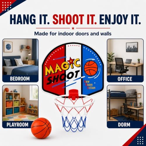 Indoor Mini Basketball Hoop Set, 16 x 13 in Backboard, Ball and Manual Pump | Over The Door Basketball Hoop With 9-Inch White Rim, 4.5-Inch Ball