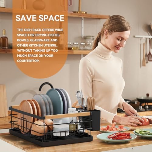 BRIAN & DANY Dish Drying Rack, Dish Racks for Kitchen Counter, Stainless Steel Dish Drainer with Removable Cutlery Holder & Drainboard, White