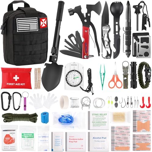 Survival First Aid Kit, 248PCS Survival Tools Camping Essentials Tactical Gear Emergency Trauma Medical Supplies Packed in a MOLLE Pouch, Saber Card
