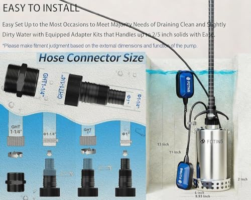 FOTING Full 304 Stainless Steel Sump Pump with Float Switch - 1HP 4600GPH Automatic Submersible Water Pump Fast Water Removal in Pools, Basements