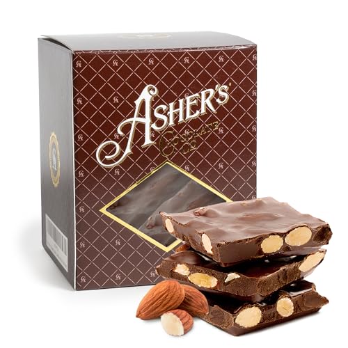 Asher's Chocolates, Gourmet Chocolate Covered Almond Bark, Sweet and Salty Candy with Almonds, Small Batches of Kosher Chocolate, Family Owned Since 1892 (1 Pound, Dark Chocolate)