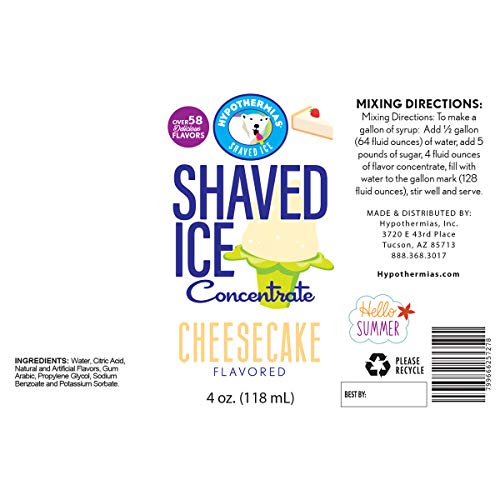 Hypothermias Shaved Ice and Snow Cone Syrup Unsweetened Flavor Concentrate - 4 Fl Oz - Makes 1 Gallon of Ready to Use Syrup - Cheesecake - Must Add