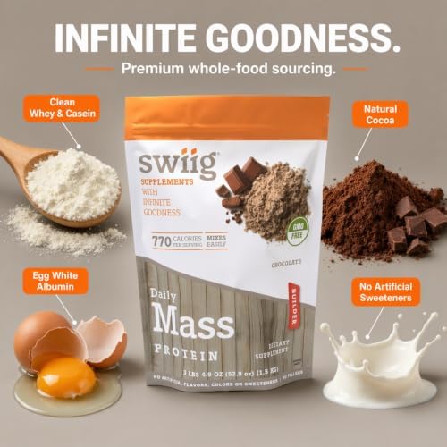 swiig Mass Builder Protein Powder, Chocolate, No GMO Ingredients, No Artificial Flavors, Colors or Sweeteners, No Fillers, 3.3 Pound Bag