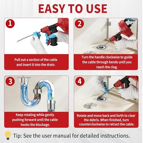 Drain Snake 25 Ft with Drill Attachment, Auto Feed 1/4 Inch Plumbing Snake for Sink, Shower & Tub Clogs, Manual or Drill-Powered Drain Auger, with Gloves, Safety Glasses & Storage Bag