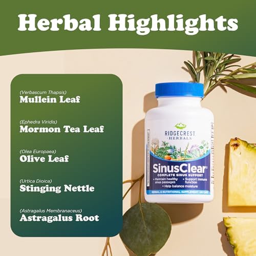 RidgeCrest Herbals SinusClear Mullein Sinus, Nasal and Immune Support 60 Ct | 30 Servings, Mullein Leaf, Bromelain, Vitamin C, Zinc