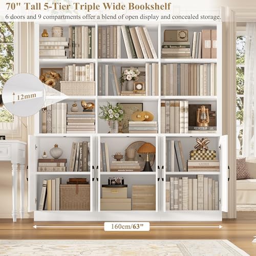 70” H x 63” W Triple Wide Bookshelf, Tall Bookcase with 6 Doors | 5 Tier Book Shelf with 15 Storage Shelves, Tall Book Case Large Bookshelves with Storage Cabinet for Home Office, White