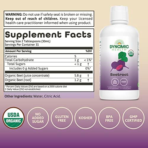 DYNAMIC HEALTH Organic Beetroot Juice Concentrate, 32 fl oz | Circulation, Energy & Endurance Support - No Added Sugar - 31 Servings - Gluten Free, BPA Free