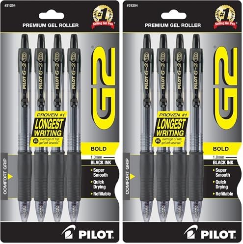PILOT G2 Premium Rolling Ball Gel Pens, 1.0 mm, Black Ink, 4-Pack