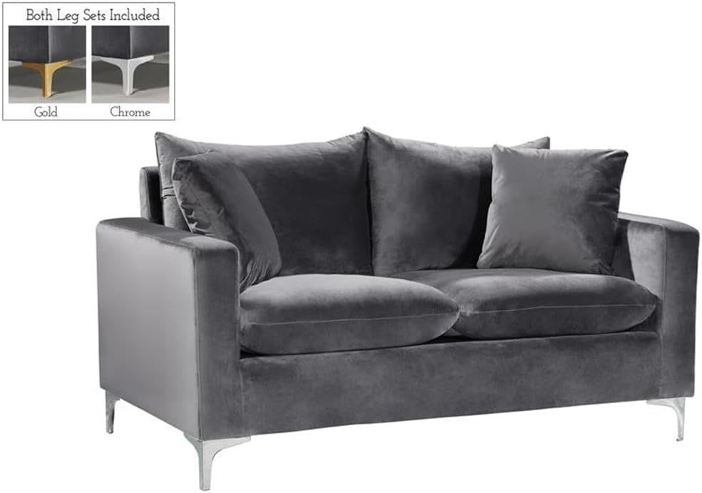 Meridian Furniture Naomi Collection Modern | Contemporary Grey Velvet Upholstered Loveseat with Stainless Steel Base in a Rich Gold or Chrome Finish, 633Grey-L