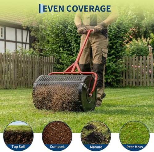 24 Inch Compost Spreader, Metal Mesh Roller Peat Moss Spreader with Adjustable T-Handle, Powder-Coated Lawn Seeder for Topsoil, Grass Seed