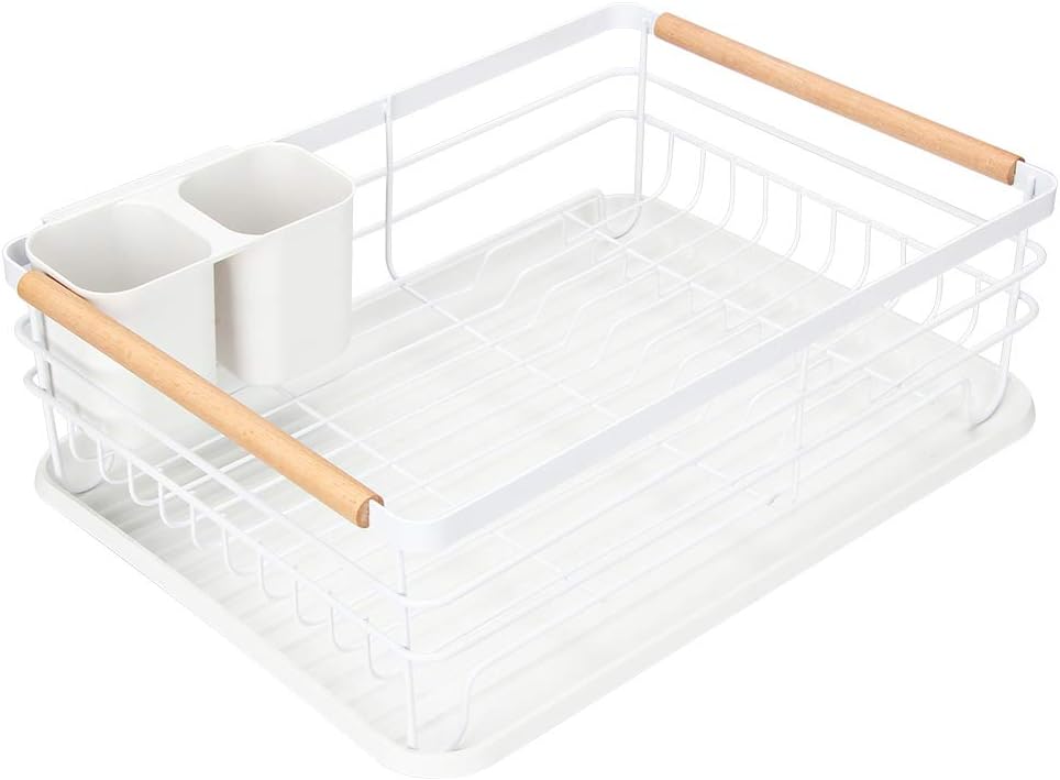 Dish Drying Rack with Wood Handle, Drain Board, White