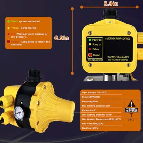 TDRSUPER 1 HP Shallow Well Jet Pump with Automatic Pump Control, Smart Pressure Switch System, Stainless Steel Water Pump for Home Garden Irrigation