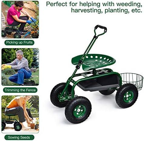 Giantex Rolling Garden Cart with Seat, 4-Wheel Gardening Workseat with Storage Basket, Swivel Stool Adjustable Seat, Steering Handle