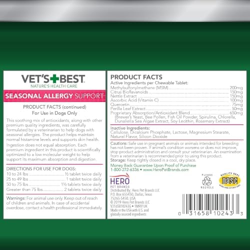 Vet's Best Seasonal Allergy Chewable Tablets for Dogs, Soothes Dog, 60ct | Seasonal Allergy Relief Tablets, Helps Soothe Itchy Skin