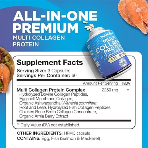 Nutrivein Multi Collagen Peptides Pills 2250 mg - 180 Capsules, 5 Types | Types I, II, III, V, X hydrolyzed peptides for women and men. Supports hair