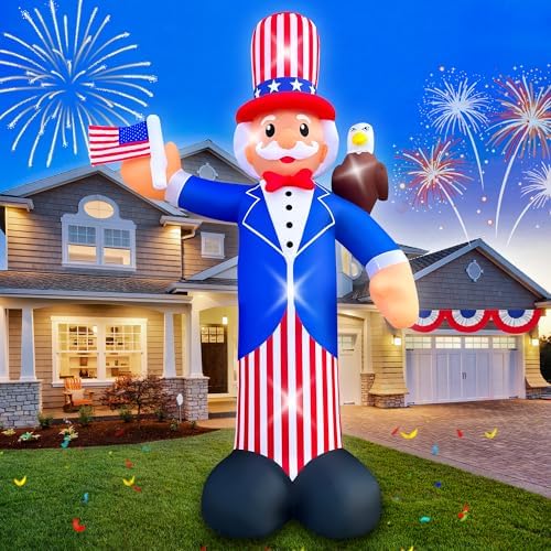 SEASONBLOW 12FT Independence Day Inflatable Uncle Sam with Bald Eagle Decorations Patriotic 4th of July LED Light Up Blow up Flag for Home Yard Lawn