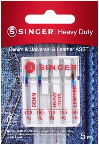SINGER Heavy Duty Machine Needles, Denim & Leather, Assorted, 5 Count | Heavy-duty machine needles for denim, leather and heavy fabrics; 5 assorted sizes, fit SINGER and other domestic machines