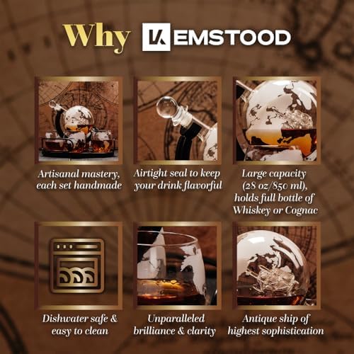 Kemstood Whiskey Decanter Sets for Men - Etched World Globe Design with Wood Stand & 2 Glass - Ideal for Dignified Drinking, Home Decor - Unique Whiskey Gifts for Men - 28 oz / 850 ml Capacity
