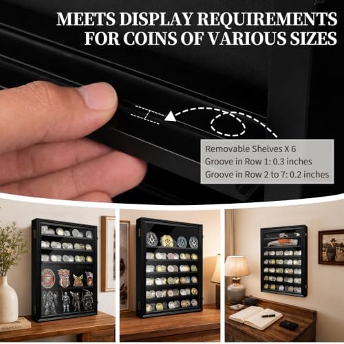 ASmileIndeep 7 Rows Military Challenge Coin Holder Display Cabinet Wall Mount with HD Tempered Glass, Holds 100 Coins, Wooden Medal Display Case Shadow Box with Removable Shelves, Mahogany
